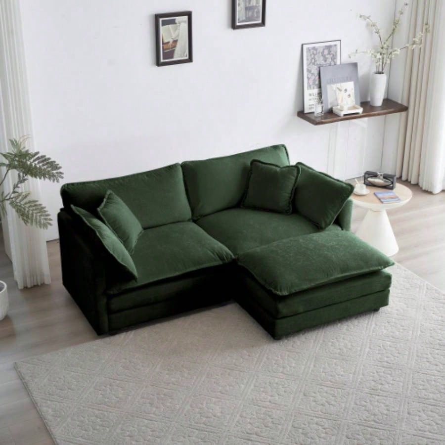 Chenille Two - Seater Sofa with 1 Footrest, 2 Seater L - Shaped Sectional with Ottoman, Loveseat with Ottoman Small Living Space, Green Chenille
