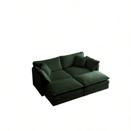 4 - Piece Upholstered Sectional Sofa, 1 - Piece of 2 Seater Sofa and 2 - Piece of Ottomans, 2 Seater Loveseat Lounge with Ottomans, Green Chenille