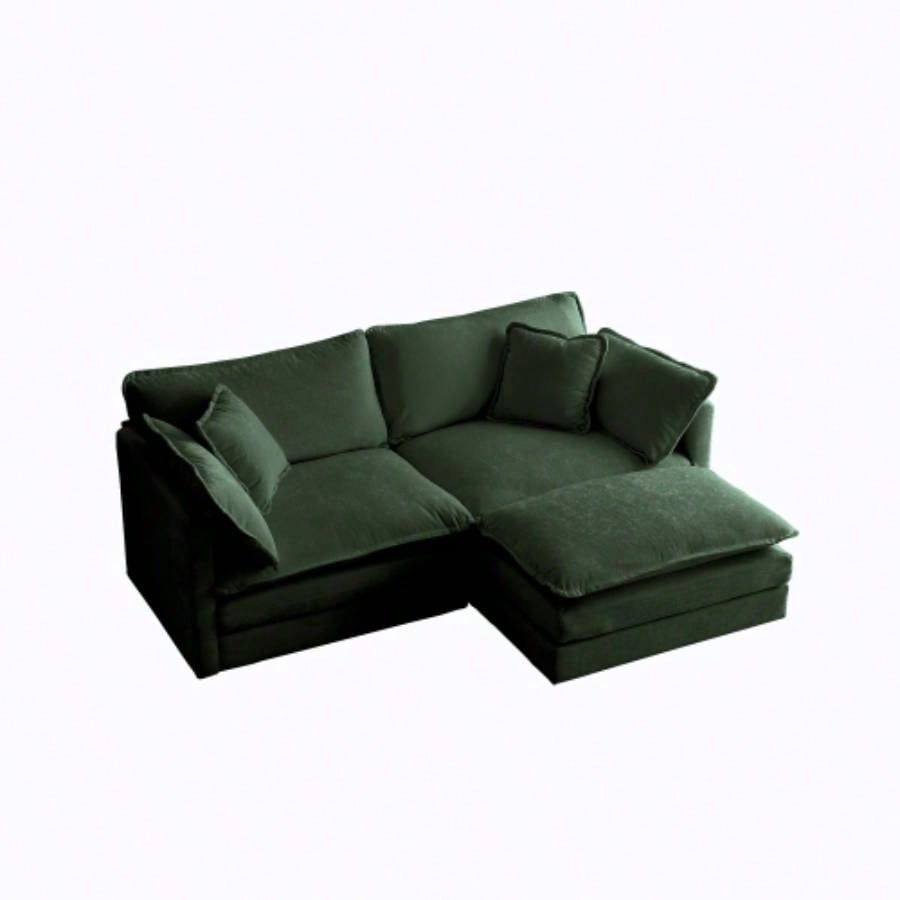 Chenille Two - Seater Sofa with 1 Footrest, 2 Seater L - Shaped Sectional with Ottoman, Loveseat with Ottoman Small Living Space, Green Chenille