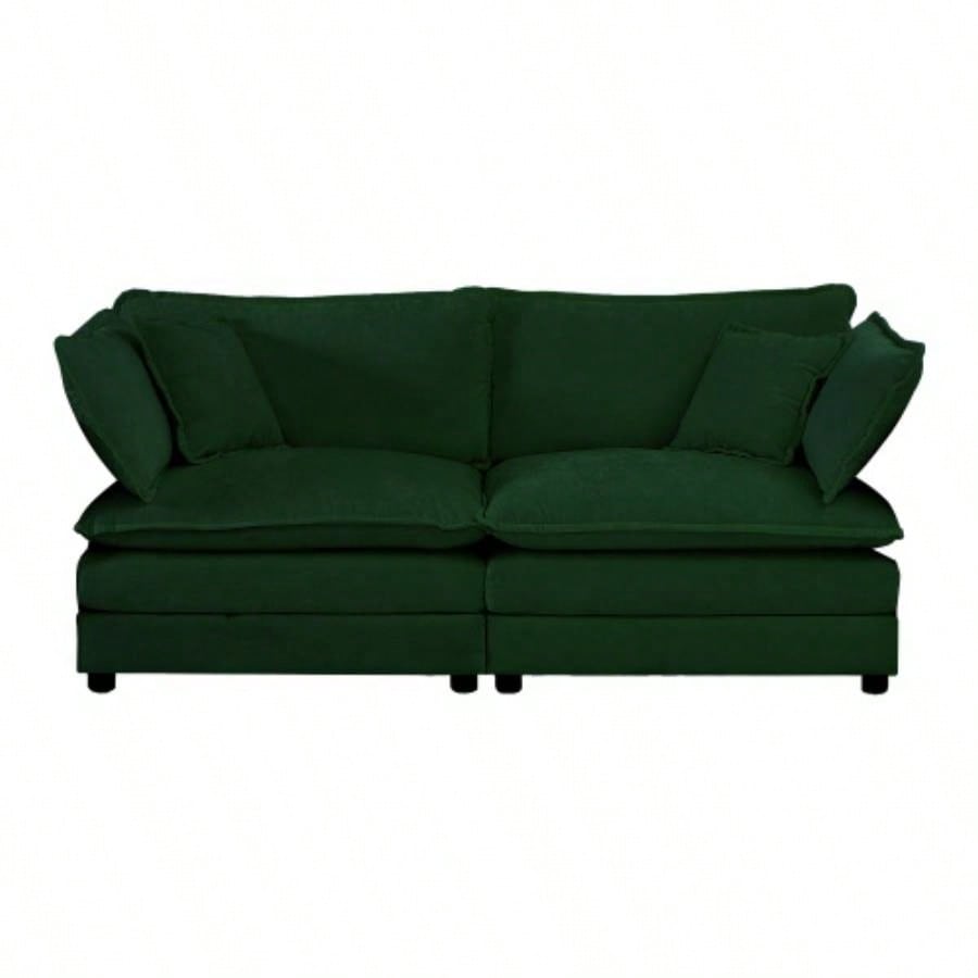 4 - Piece Upholstered Sectional Sofa, 1 - Piece of 2 Seater Sofa and 2 - Piece of Ottomans, 2 Seater Loveseat Lounge with Ottomans, Green Chenille
