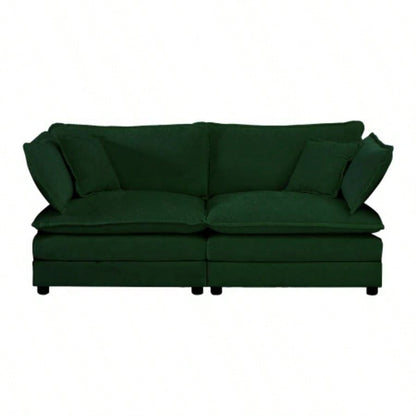 4 - Piece Upholstered Sectional Sofa, 1 - Piece of 2 Seater Sofa and 2 - Piece of Ottomans, 2 Seater Loveseat Lounge with Ottomans, Green Chenille