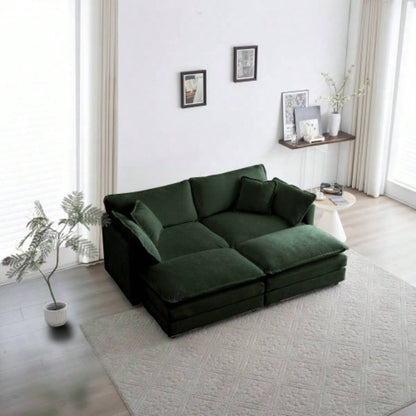 4 - Piece Upholstered Sectional Sofa, 1 - Piece of 2 Seater Sofa and 2 - Piece of Ottomans, 2 Seater Loveseat Lounge with Ottomans, Green Chenille
