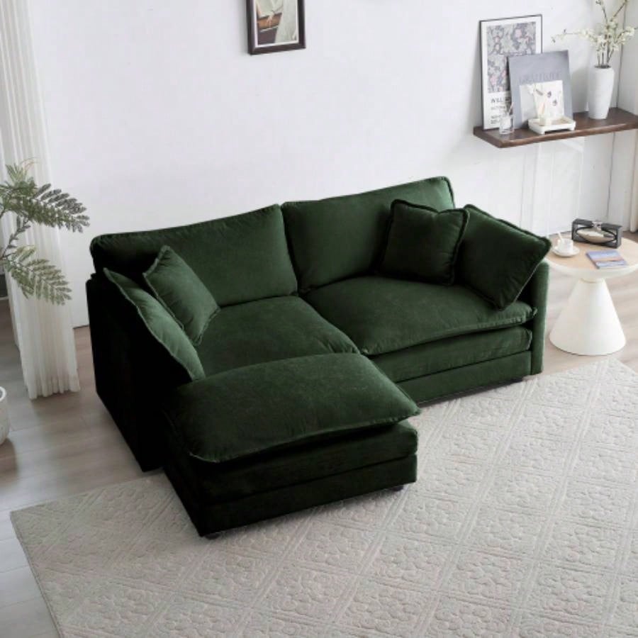 Chenille Two - Seater Sofa with 1 Footrest, 2 Seater L - Shaped Sectional with Ottoman, Loveseat with Ottoman Small Living Space, Green Chenille