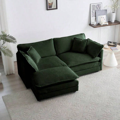 Chenille Two - Seater Sofa with 1 Footrest, 2 Seater L - Shaped Sectional with Ottoman, Loveseat with Ottoman Small Living Space, Green Chenille