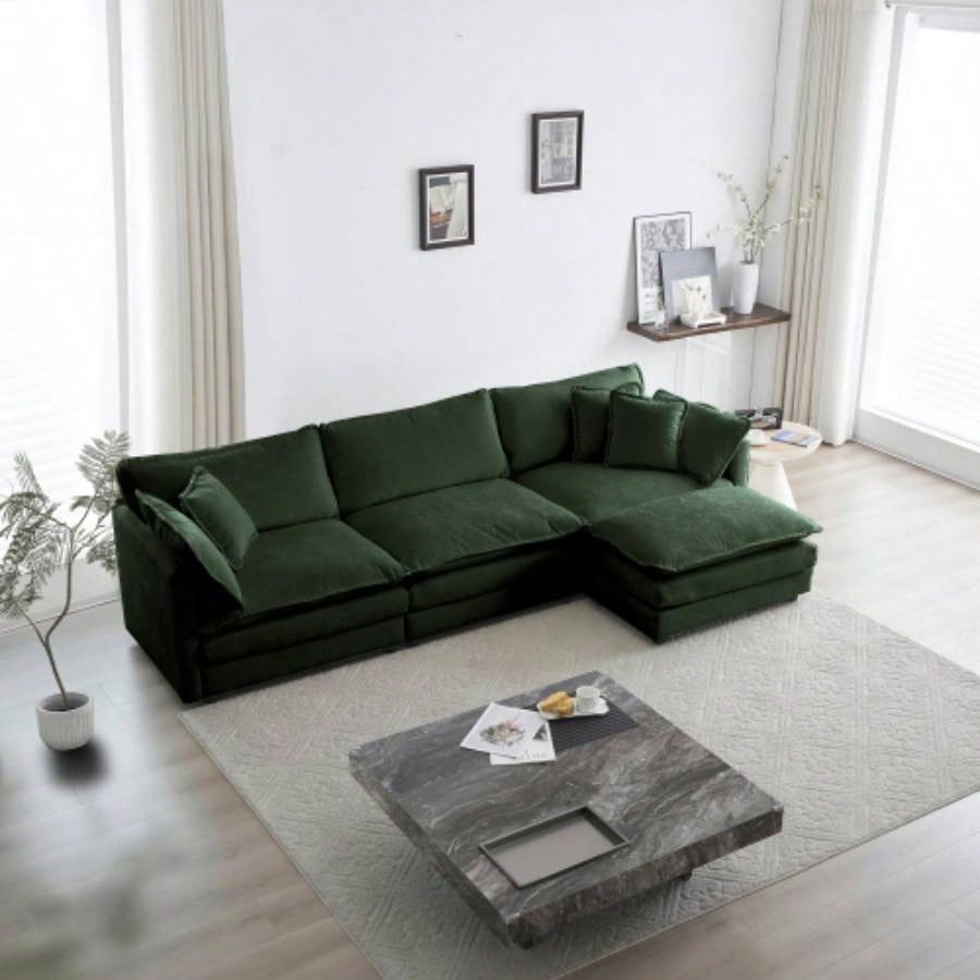 Combination Comfy Upholstery Modular Oversized L Shaped Sectional Sofa With Reversible Ottoman, Green Chenille