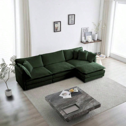 Combination Comfy Upholstery Modular Oversized L Shaped Sectional Sofa With Reversible Ottoman, Green Chenille