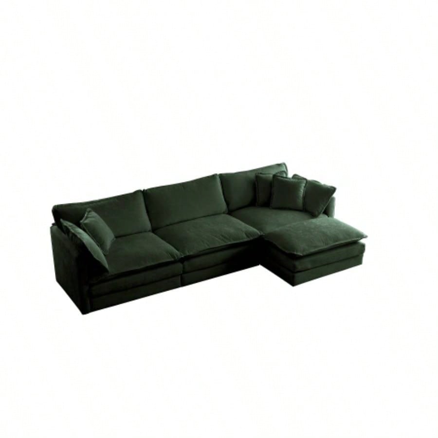 Combination Comfy Upholstery Modular Oversized L Shaped Sectional Sofa With Reversible Ottoman, Green Chenille