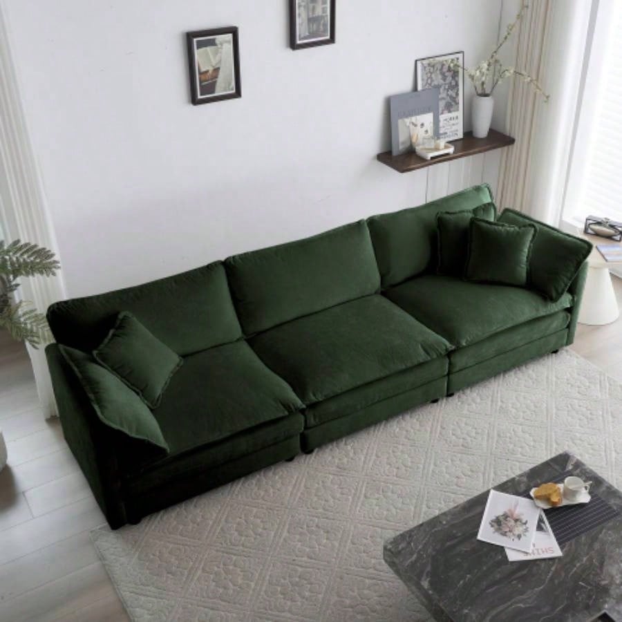 U - Shaped Sectional Sofa/Reversible Footrest, 5 - Seater Convertible Corner Couch with 2 Ottomans, Modern Minimalist Soft Sofa Couch Living Room, Green Chenille