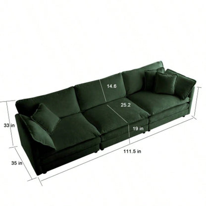Mid - Modern Couch 3 - Seater Sofa with 2 Armrest Pillows and 3 Toss Pillows, Couch Living Room Green Chenille