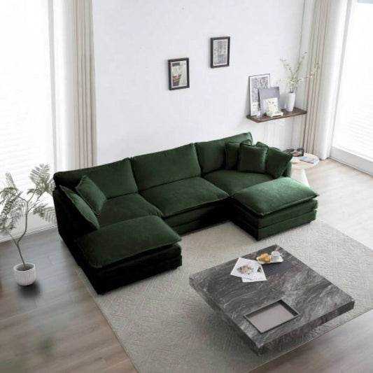 U - Shaped Sectional Sofa/Reversible Footrest, 5 - Seater Convertible Corner Couch with 2 Ottomans, Modern Minimalist Soft Sofa Couch Living Room, Green Chenille