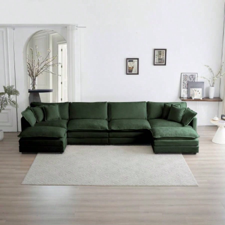 Comfort U Shaped Couch with Reversible Chaise, Modular Large U - Shape Sectional Sofa, Double Ottomans, Green Chenille