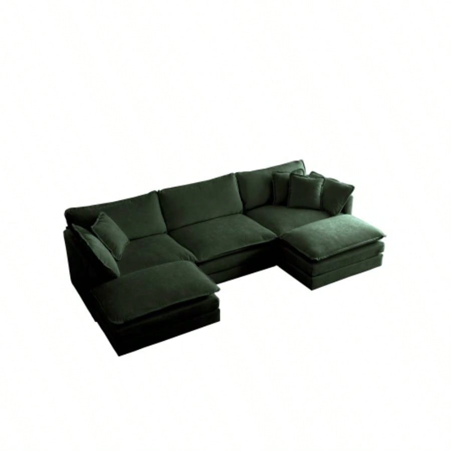U - Shaped Sectional Sofa/Reversible Footrest, 5 - Seater Convertible Corner Couch with 2 Ottomans, Modern Minimalist Soft Sofa Couch Living Room, Green Chenille