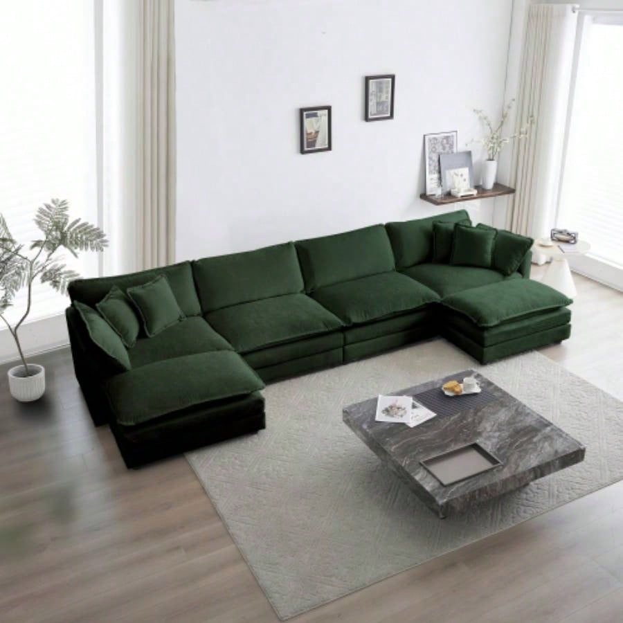 Comfort U Shaped Couch with Reversible Chaise, Modular Large U - Shape Sectional Sofa, Double Ottomans, Green Chenille
