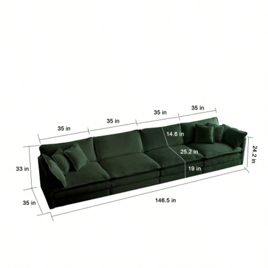 Comfort U Shaped Couch with Reversible Chaise, Modular Large U - Shape Sectional Sofa, Double Ottomans, Green Chenille