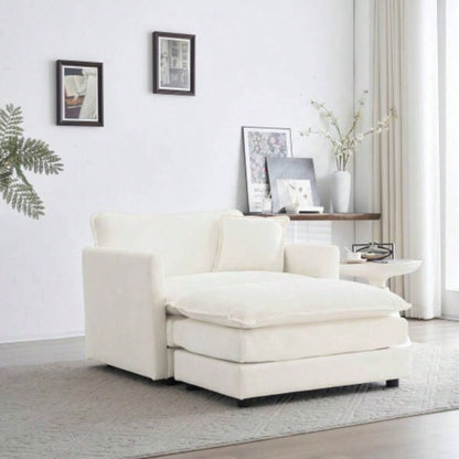 Modern Accent Chair with Ottoman, Living Room Club Chair Chenille Upholstered Armchair, Reading Chair Bedroom, White