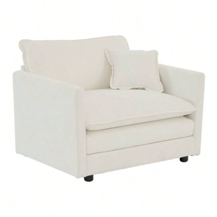 Comfy Deep Single Sofa Upholstered Reading Armchair Living Room Chair White Chenille Fabric, 1 Toss Pillow