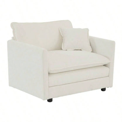 Comfy Deep Single Sofa Upholstered Reading Armchair Living Room Chair White Chenille Fabric, 1 Toss Pillow