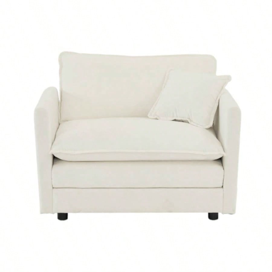 Comfy Deep Single Sofa Upholstered Reading Armchair Living Room Chair White Chenille Fabric, 1 Toss Pillow