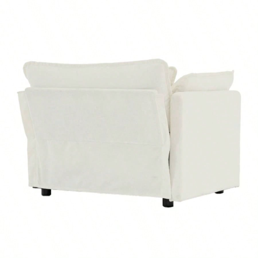 Comfy Deep Single Sofa Upholstered Reading Armchair Living Room Chair White Chenille Fabric, 1 Toss Pillow
