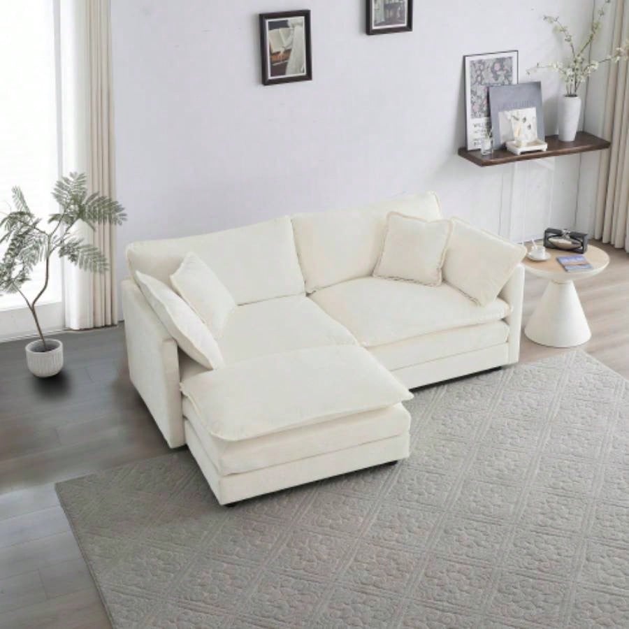 Chenille Two - Seater Sofa with 1 Footrest, 2 Seater L - Shaped Sectional with Ottoman, Loveseat with Ottoman Small Living Space, White Chenille
