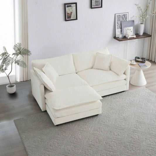 Chenille Two - Seater Sofa with 1 Footrest, 2 Seater L - Shaped Sectional with Ottoman, Loveseat with Ottoman Small Living Space, White Chenille
