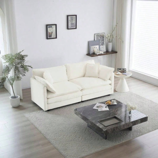 Modern Fabric Loveseat Sofa Couch Living Room, Upholstered Large Size Deep 2 - Sofa with 4 Pillows, White Chenille