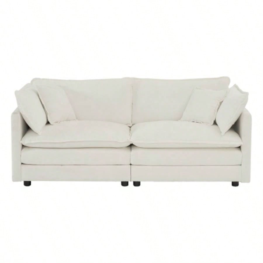 Modern Fabric Loveseat Sofa Couch Living Room, Upholstered Large Size Deep 2 - Sofa with 4 Pillows, White Chenille