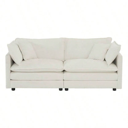 Modern Fabric Loveseat Sofa Couch Living Room, Upholstered Large Size Deep 2 - Sofa with 4 Pillows, White Chenille