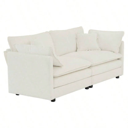 Modern Fabric Loveseat Sofa Couch Living Room, Upholstered Large Size Deep 2 - Sofa with 4 Pillows, White Chenille