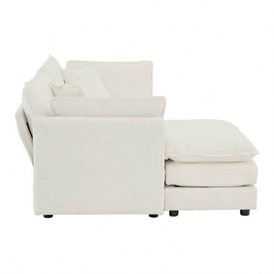 Chenille Two - Seater Sofa with 1 Footrest, 2 Seater L - Shaped Sectional with Ottoman, Loveseat with Ottoman Small Living Space, White Chenille
