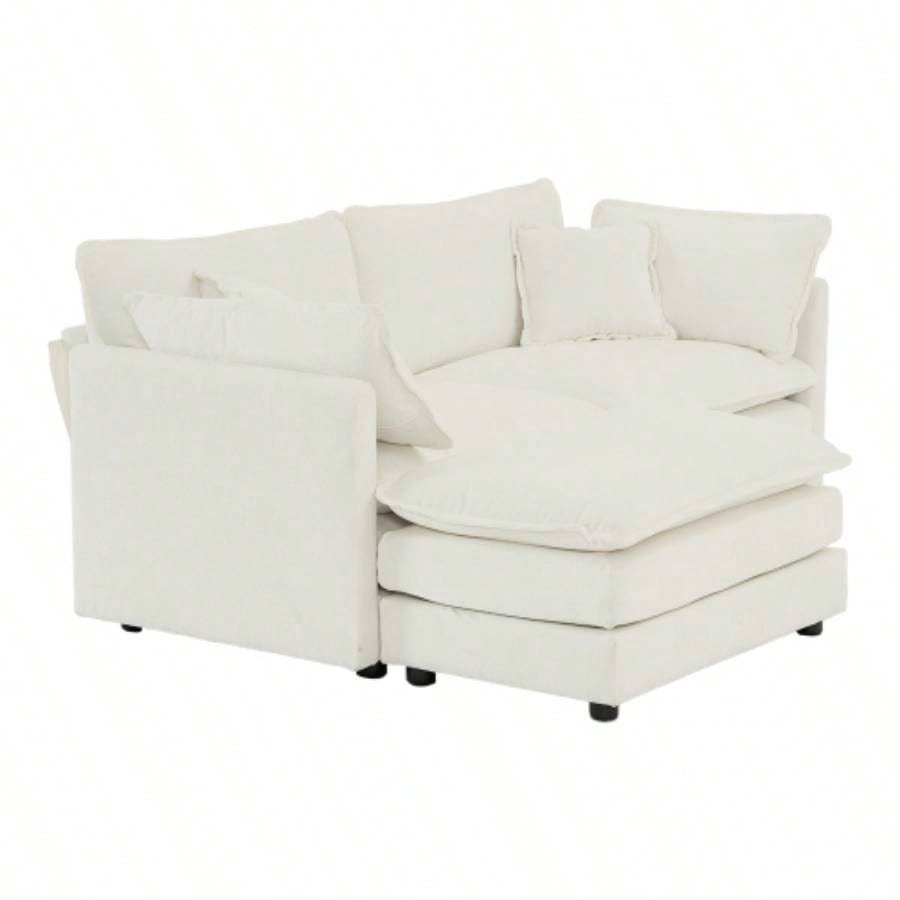 Chenille Two - Seater Sofa with 1 Footrest, 2 Seater L - Shaped Sectional with Ottoman, Loveseat with Ottoman Small Living Space, White Chenille