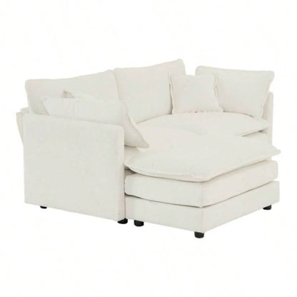 Chenille Two - Seater Sofa with 1 Footrest, 2 Seater L - Shaped Sectional with Ottoman, Loveseat with Ottoman Small Living Space, White Chenille