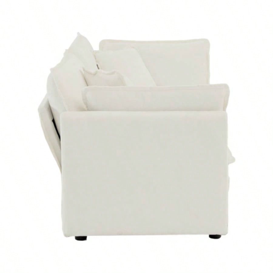 Modern Fabric Loveseat Sofa Couch Living Room, Upholstered Large Size Deep 2 - Sofa with 4 Pillows, White Chenille