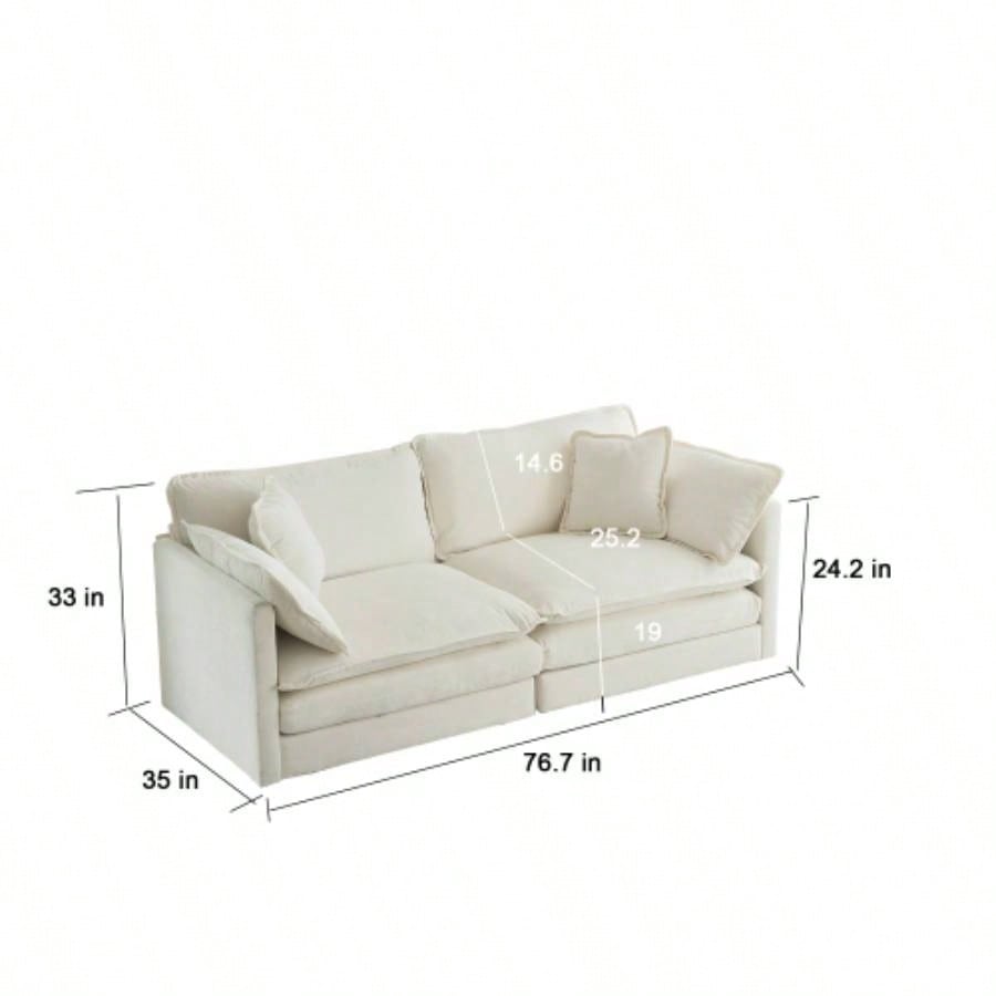 Modern Fabric Loveseat Sofa Couch Living Room, Upholstered Large Size Deep 2 - Sofa with 4 Pillows, White Chenille