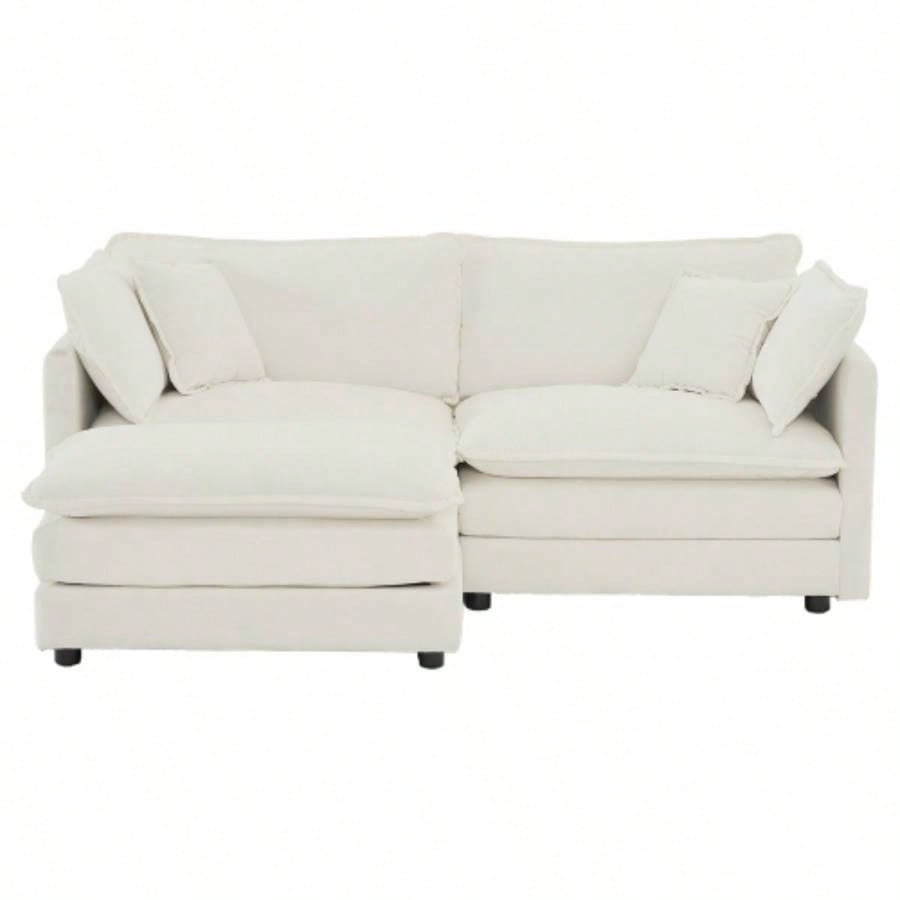 Chenille Two - Seater Sofa with 1 Footrest, 2 Seater L - Shaped Sectional with Ottoman, Loveseat with Ottoman Small Living Space, White Chenille