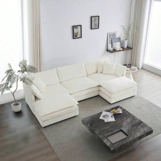 U - Shaped Sectional Sofa/Reversible Footrest, 5 - Seater Convertible Corner Couch with 2 Ottomans, Modern Minimalist Soft Sofa Couch Living Room, White
