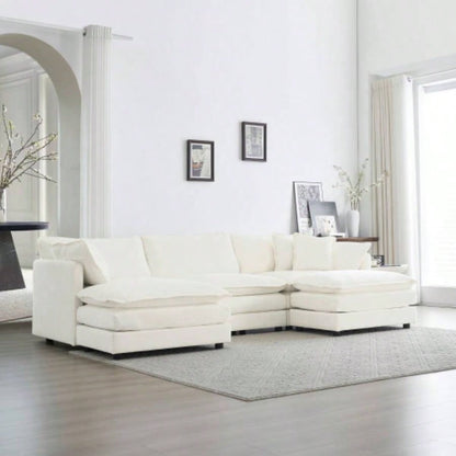 U - Shaped Sectional Sofa/Reversible Footrest, 5 - Seater Convertible Corner Couch with 2 Ottomans, Modern Minimalist Soft Sofa Couch Living Room, White