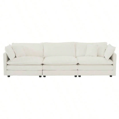 Combination Comfy Upholstery Modular Oversized L Shaped Sectional Sofa With Reversible Ottoman, White Chenille