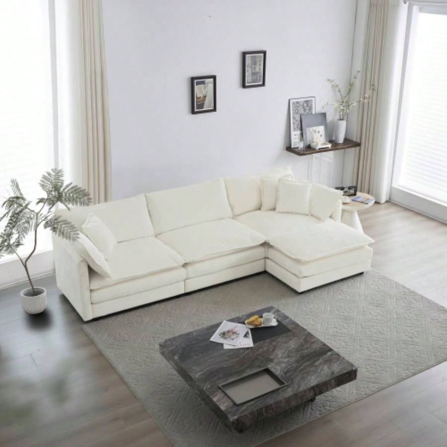 Combination Comfy Upholstery Modular Oversized L Shaped Sectional Sofa With Reversible Ottoman, White Chenille