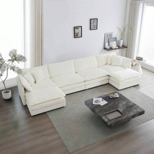 Comfort U Shaped Couch with Reversible Chaise, Modular Large U - Shape Sectional Sofa, Double Ottomans, White Chenille