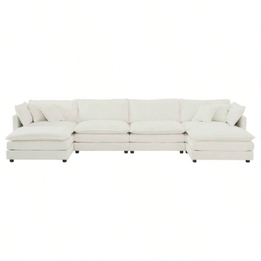 Comfort U Shaped Couch with Reversible Chaise, Modular Large U - Shape Sectional Sofa, Double Ottomans, White Chenille