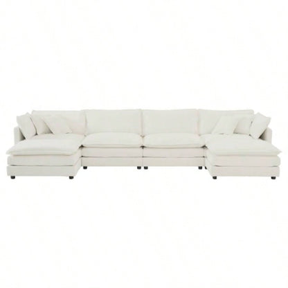Comfort U Shaped Couch with Reversible Chaise, Modular Large U - Shape Sectional Sofa, Double Ottomans, White Chenille