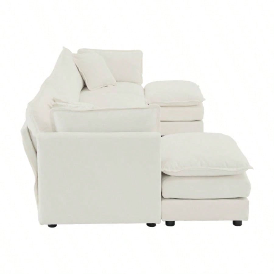 Comfort U Shaped Couch with Reversible Chaise, Modular Large U - Shape Sectional Sofa, Double Ottomans, White Chenille