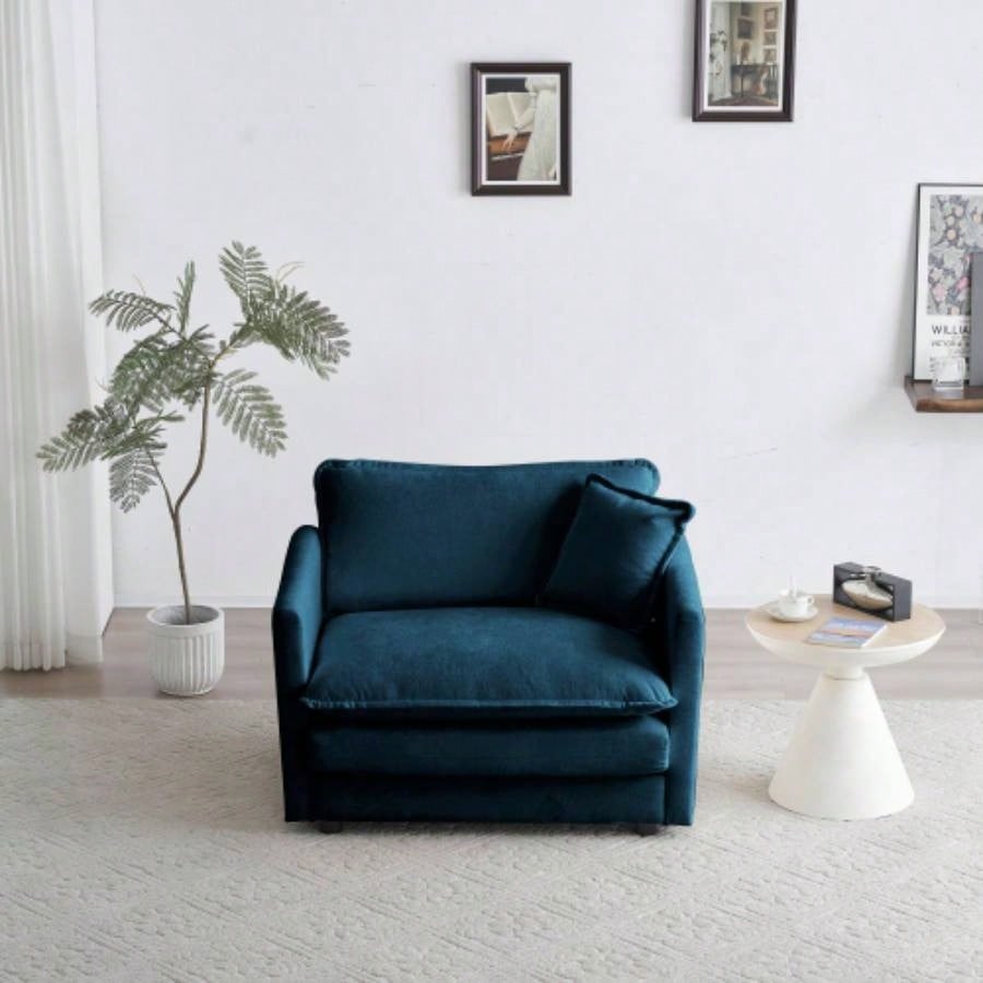 Comfy Deep Single Sofa Upholstered Reading Armchair Living Room Chair Blue Chenille Fabric, 1 Toss Pillow