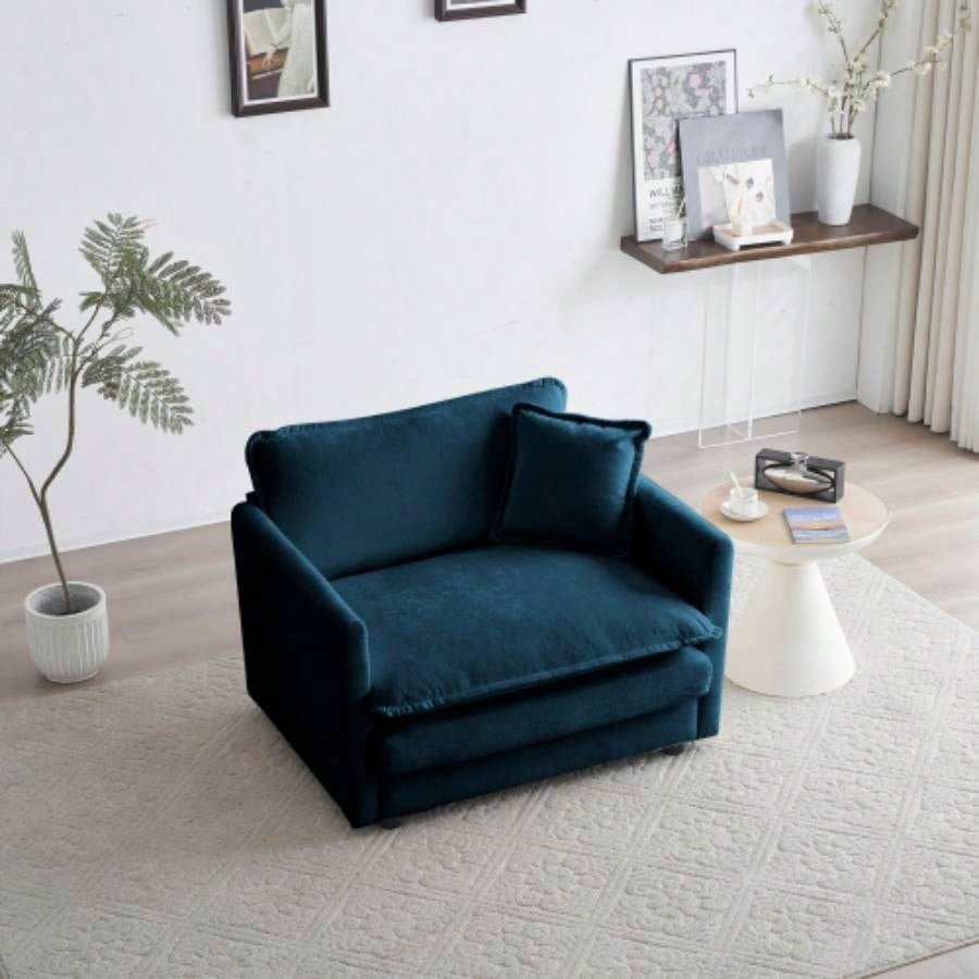 Comfy Deep Single Sofa Upholstered Reading Armchair Living Room Chair Blue Chenille Fabric, 1 Toss Pillow