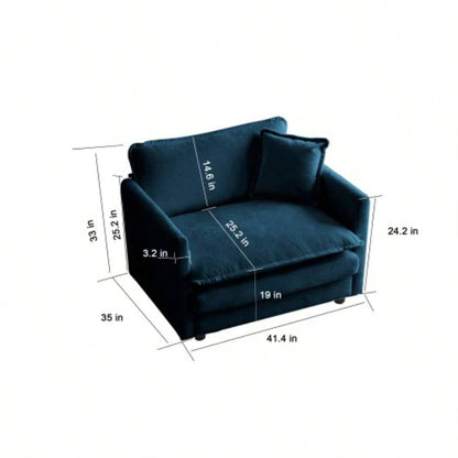 Comfy Deep Single Sofa Upholstered Reading Armchair Living Room Chair Blue Chenille Fabric, 1 Toss Pillow