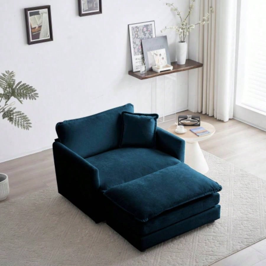 Modern Accent Chair with Ottoman, Living Room Club Chair Chenille Upholstered Armchair, Reading Chair Bedroom, Blue Chenille