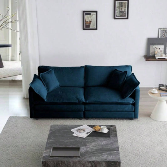 Modern Fabric Loveseat Sofa Couch Living Room, Upholstered Large Size Deep 2 - Sofa with 4 Pillows, Blue Chenille