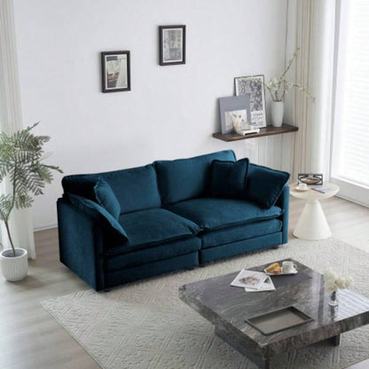 Modern Fabric Loveseat Sofa Couch Living Room, Upholstered Large Size Deep 2 - Sofa with 4 Pillows, Blue Chenille