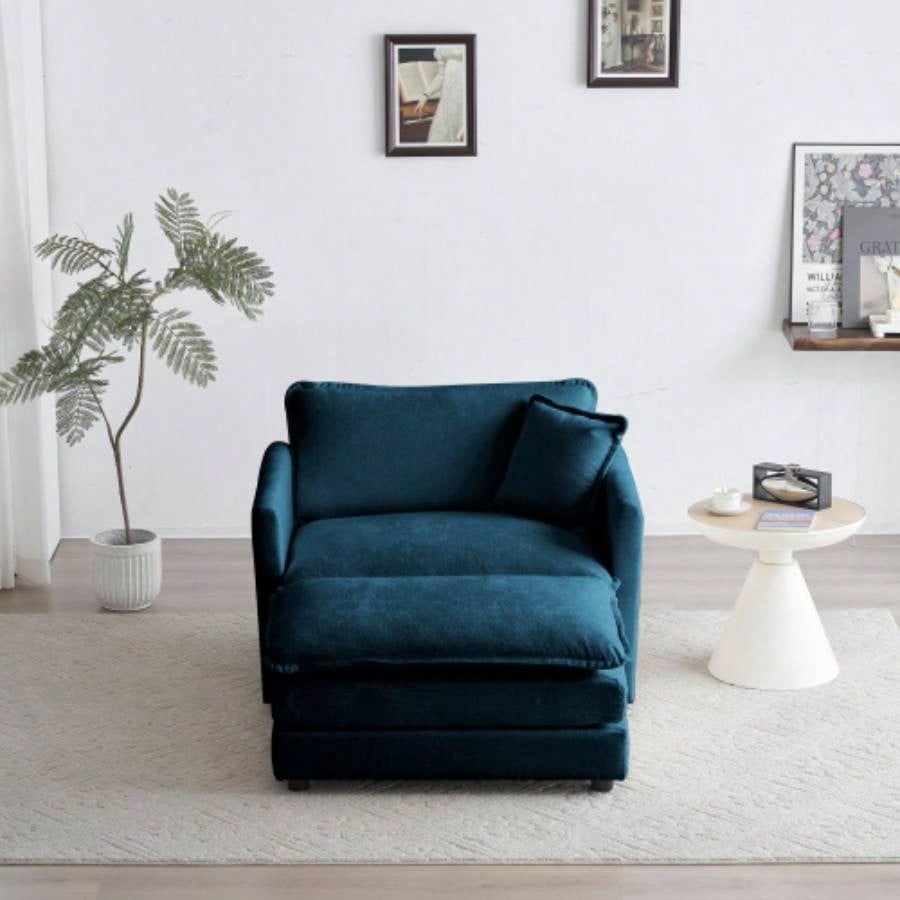 Modern Accent Chair with Ottoman, Living Room Club Chair Chenille Upholstered Armchair, Reading Chair Bedroom, Blue Chenille